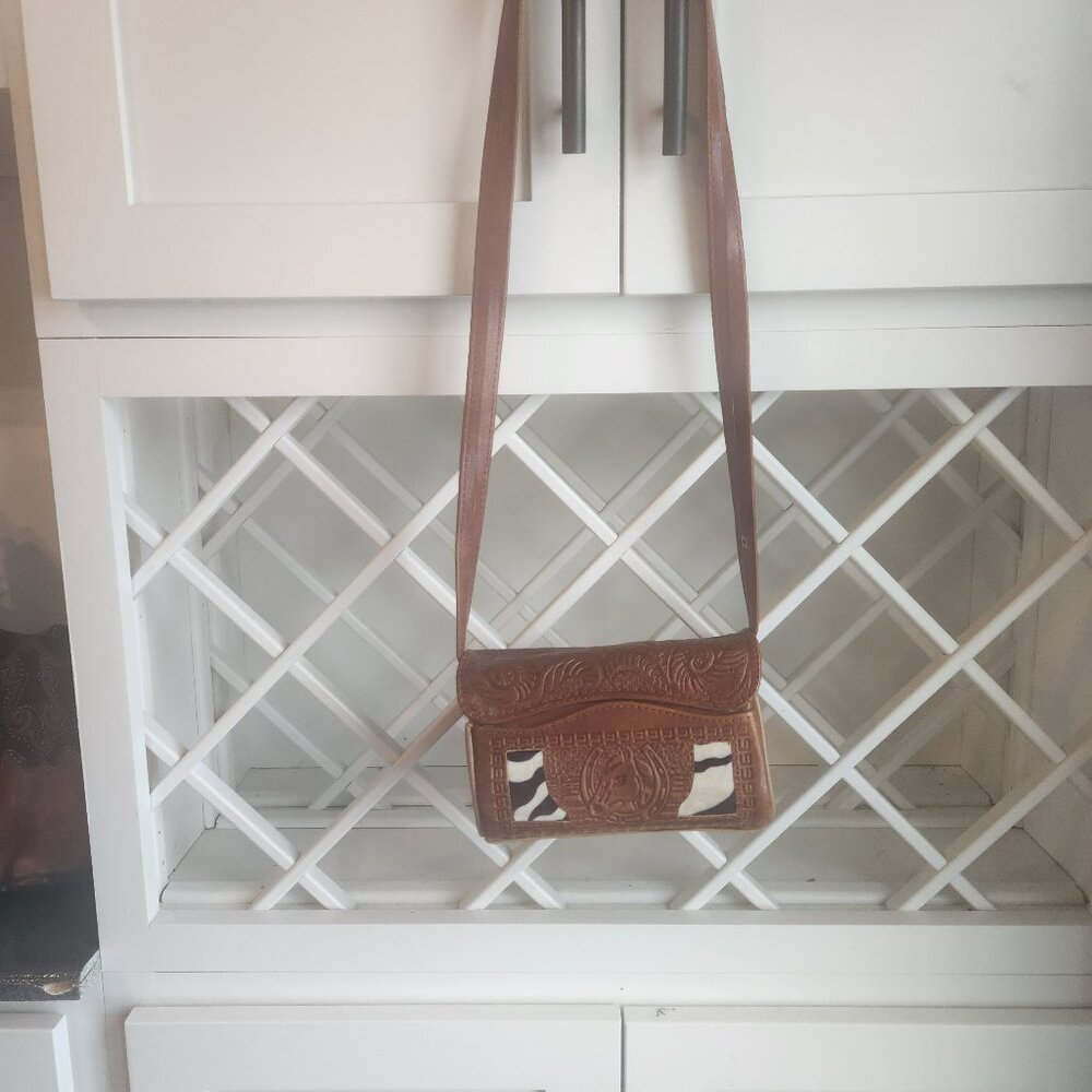 Vintage Mexican Hand Tooled Leather Purse with horse head and cowhide with strap
